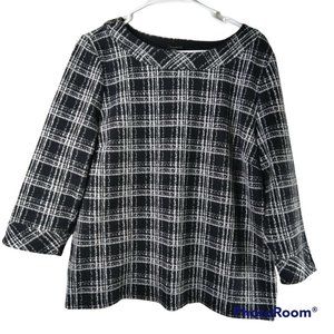 Talbots Women's Top Size Large Petite 3/4 Sleeves Plaid Black White Casual Work
